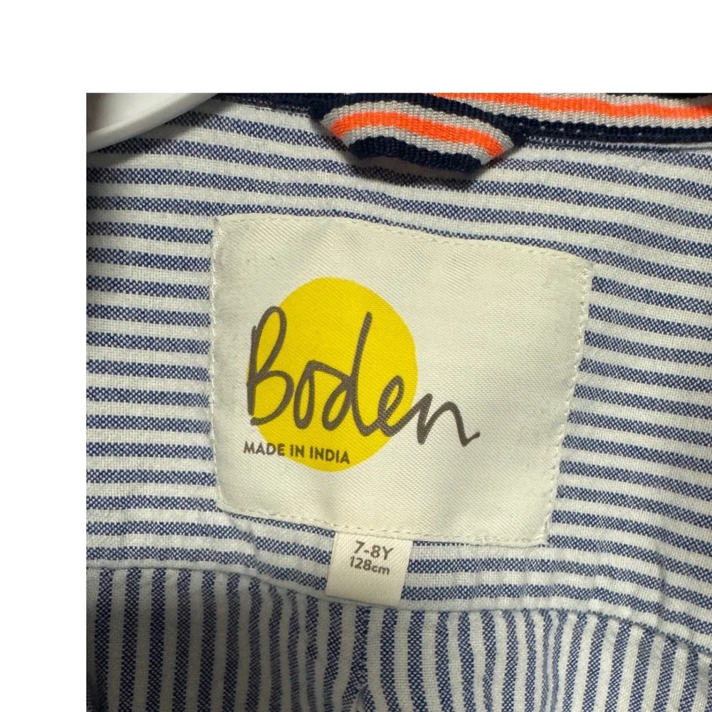 Boden Boys Blue‎ White Striped Button Down Shirt Long Sleeve Size 7-8Y 128cm